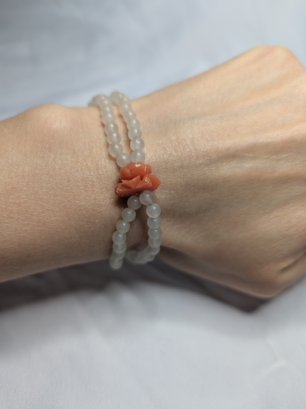 Delicate White Beadded Quartz Bracelet with Coral Rose Accent